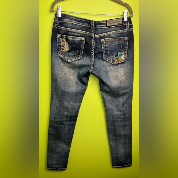 Grace In LA Skinny Slouch Jeans Blue Patchwork Mid Rise Boho size 27 - Picture 4 of 5